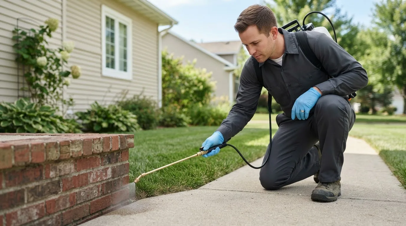 Pest control technician treating a home near Channelview, TX
