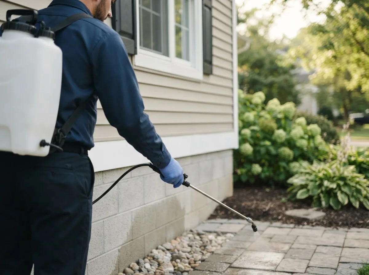 Pest control technician inspecting a home in Channelview, TX
